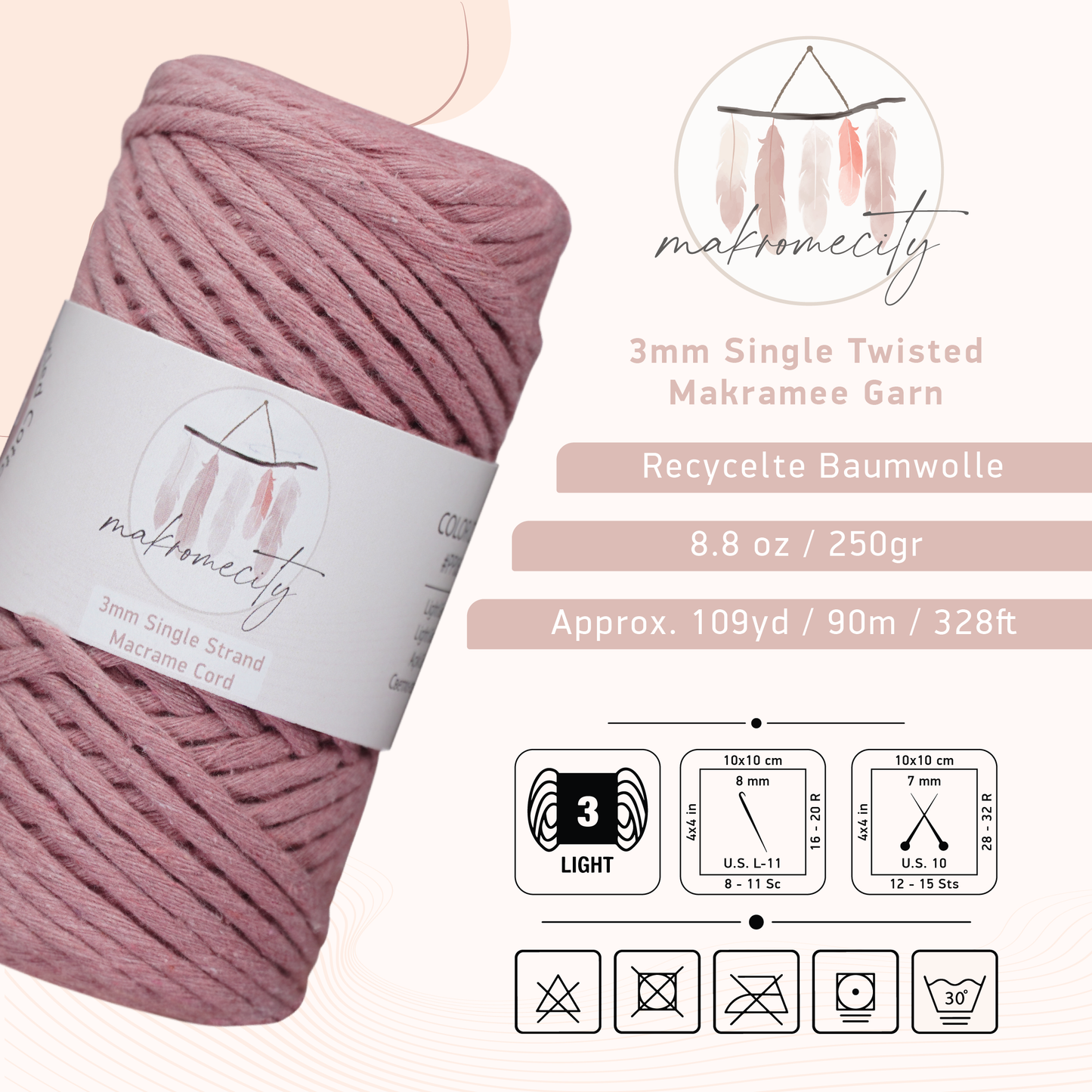 Makramee Garn 3 mm x 100 m Premium Single Twisted Makramee-Schnur – Staubige Rosa 