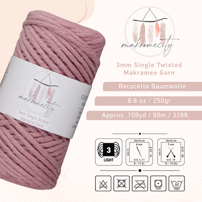 Makramee Garn 3 mm x 100 m Premium Single Twisted Makramee-Schnur – Staubige Rosa 