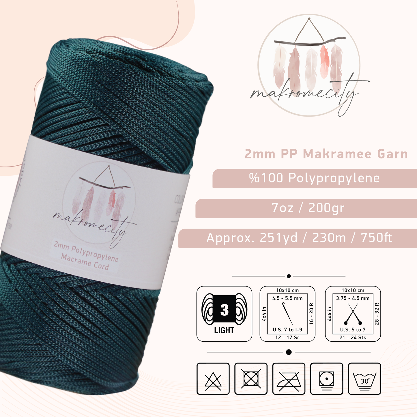 Makramee Garn 2 mm x 230 m Premium-Polyester-Makramee-Schnur – Waldgrün 