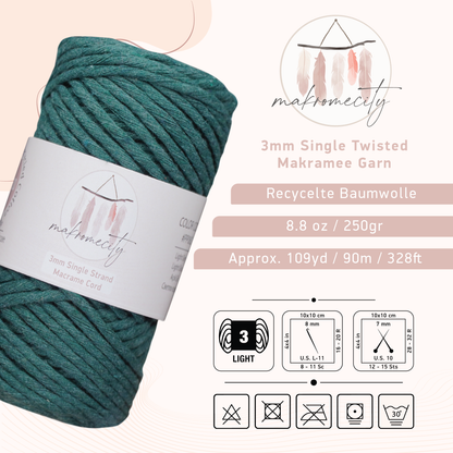 Makramee Garn 3 mm x 100 m Premium Single Twisted Makramee-Schnur – Waldgrün 