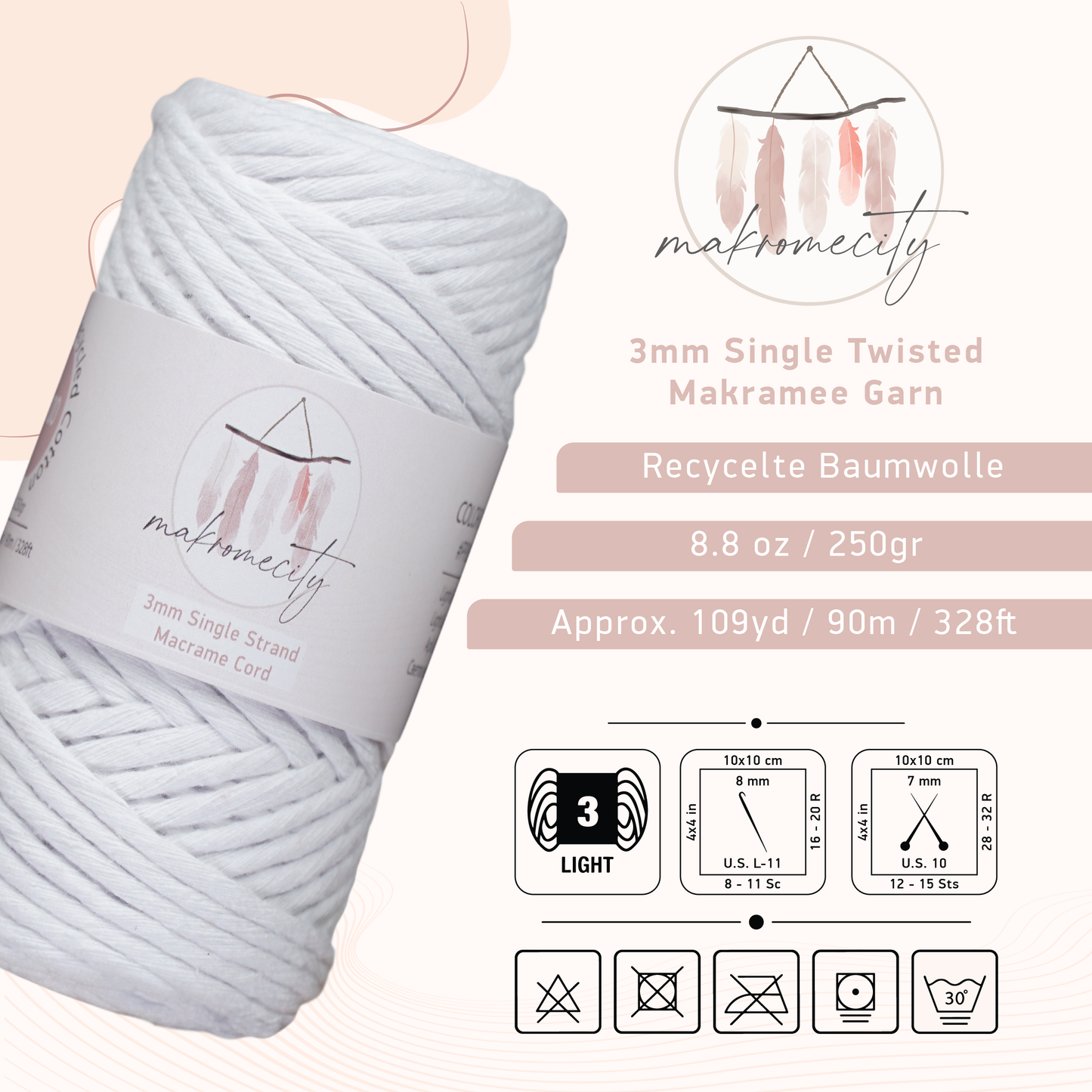 Makramee Garn 3 mm x 100 m Premium Single Twisted Makramee-Schnur – Weiß 