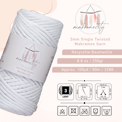 Makramee Garn 3 mm x 100 m Premium Single Twisted Makramee-Schnur – Weiß 