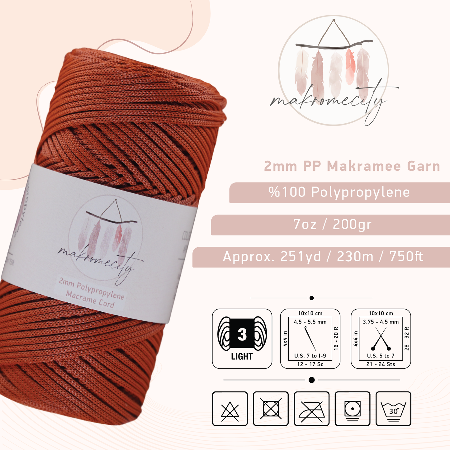 Makramee Garn 2mm x 230m Premium Polyester Macrame Cord - Ziegel