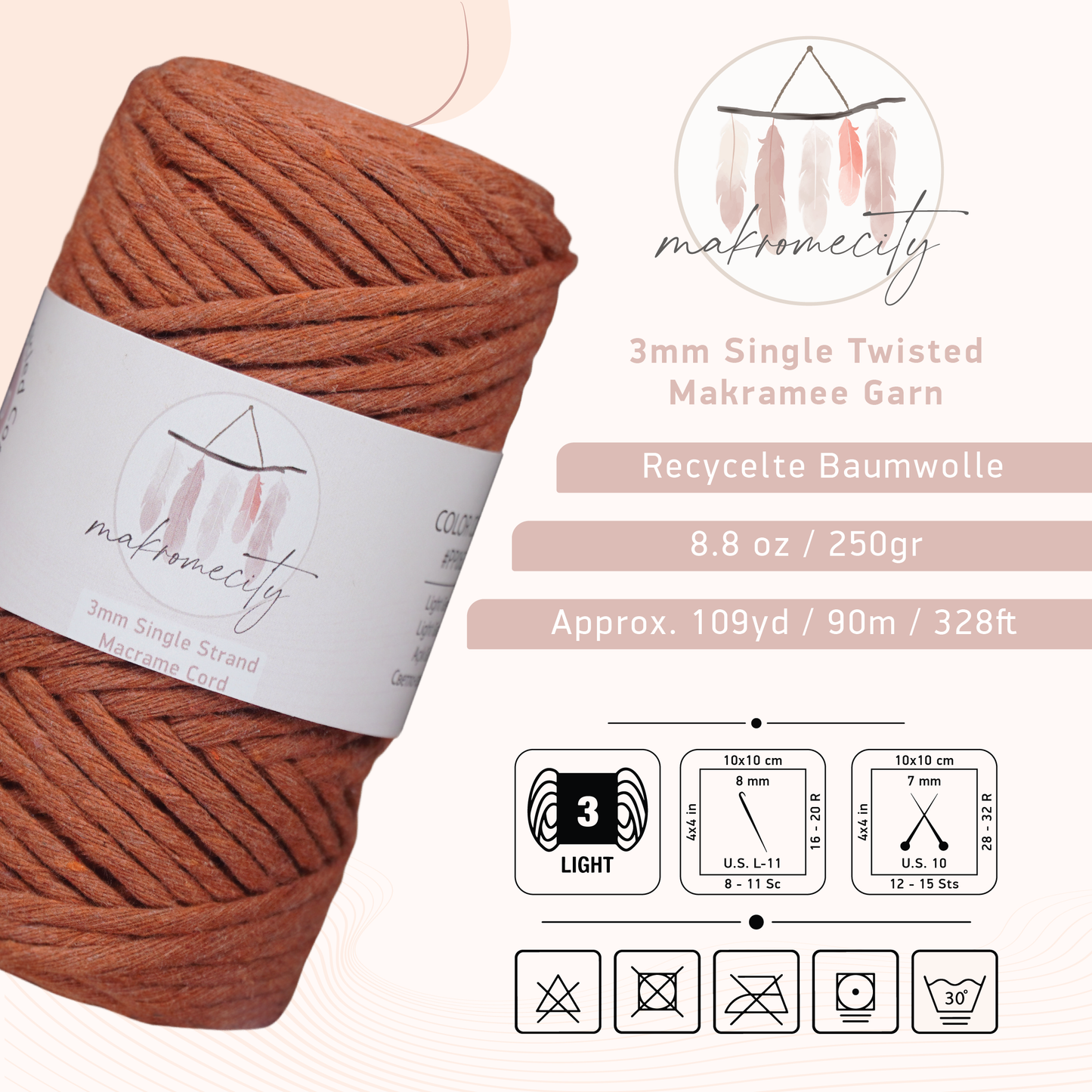 Makramee Garn 3mm x 100m Premium Single Twisted Macrame Cord - Ziegel