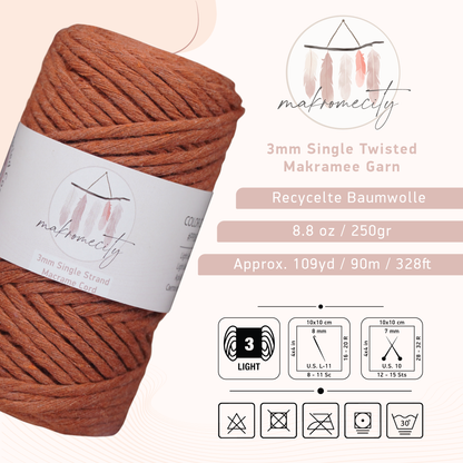 Makramee Garn 3mm x 100m Premium Single Twisted Macrame Cord - Ziegel