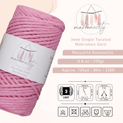 Makramee Garn 3 mm x 100 m Premium Single Twisted Makramee-Kordel – Zuckerrosa 